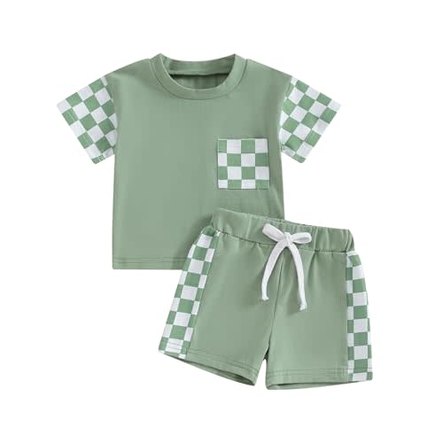 Sejardin Toddler Baby Boy Summer Clothes Plaid Patchwork Short Sleeve T Shirt Tops and Stretch Shorts Infant Boy Outfit