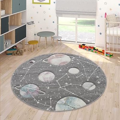 Paco Home Kids Rug Play Rug Space Galaxy for Nursery Planets and Stars in Grey, Size: 6'7" Round