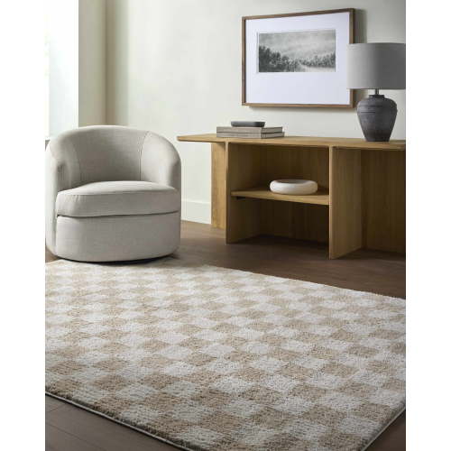 Hauteloom Canika Modern Checkered High Pile Area Rug - Contemporary Geometric Carpet for Living Room, Bedroom - Machine Washable Area Rug - Off-White, Beige - 6'7" x 9'