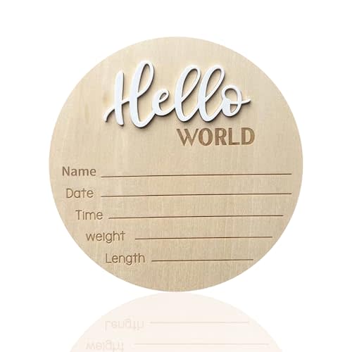 Baby Announcement Sign, 5.9 Inch Wooden Hello World Newborn Signs, Birth Announcement Sign, Baby Shower Hospital Nursery for Newborn Boys and Girls (White)