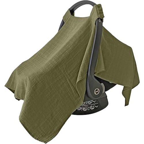 MOZAH Baby Car Seat Cover - Olive Green- 100% Organic Muslin - Soft, Breathable and Lightweight, Baby Infant Car Seat Essentials