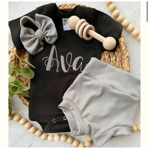 Personalized Baby Girl Outfit | Black Bodysuit With Gray Baby Name – Wonderfully Made