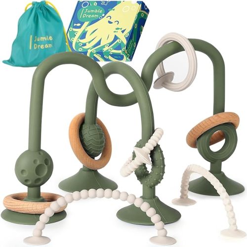 Jumble Jangle Baby Teething Toys – BPA-Free, Multi Purpose High Chair Toys & Sensory Toys for Kids with Autism: Suction Teething Relief with Sensory Toy Textures for Infants & Toddlers (Green)