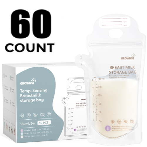 Grownsy 60 Ct Breastmilk Freezer Storage Bags, Leak Proof, Baby Safe, Temp-Sensing Discoloration