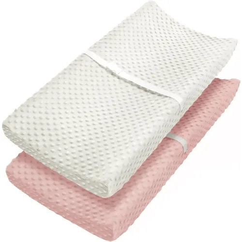 Babebay Changing Pad Cover, Ultra Soft Minky Dots Plush Changing Table Covers for Baby Boys and Girls, Breathable, 2 Pack (Peach Pink & Lily White)