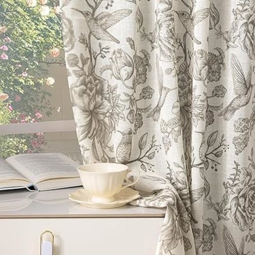Linen Floral Curtains 84 Inch Length 2 Panels, Flower Light Filtering Tan Brown Printed Curtains for Living Room Bedroom, Semi Sheer Curtain Set Print Floral Drapes, 2 Panels