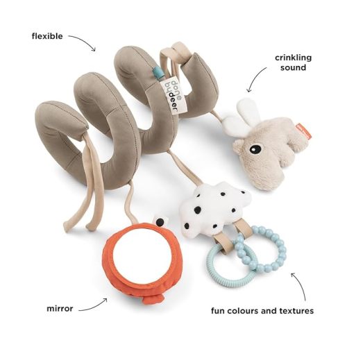 Done by Deer Happy Clouds Sand Activity Spiral - Soft and Engaging Baby Toy with Crinkle Sound, Mirror, and Tactile Elements - Perfect for Cots, Car Seats, Strollers, and Prams - Sand/Grey