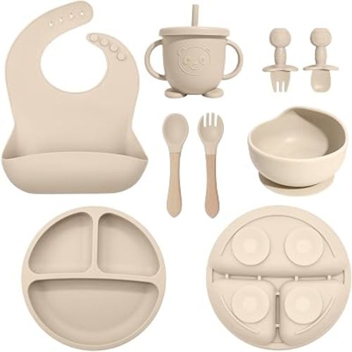 Baby Led Weaning Supplies, 8 Piece BPA-Free Silicone Feeding Set, Silicone Suction Bowl, Forks & Spoons, Bib & Cup, Develops Self Feeding Skills, Dishwasher Safe, for 6+ Months (Beige)