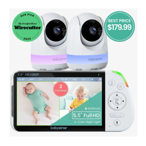 Babysense Max View: Video Baby Monitor with 2 Cameras, Split Screen, Non Wifi, Night Light & Sound Machine