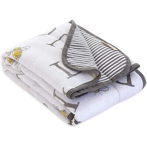 Burts Bees Baby Infant Reversible Blankets 100% Organic Cotton GOTS Certified - A-Bee-C Prints with Quilting Pattern Soft Nursery Blanket with 100% Polyester Fill for Size 30 x 40 Inch