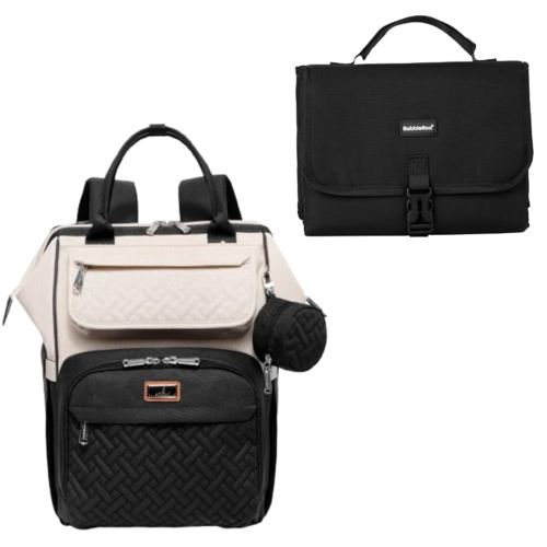 BabbleRoo Portable Changing Pad Black & Wide-top Diaper Bag Apricot