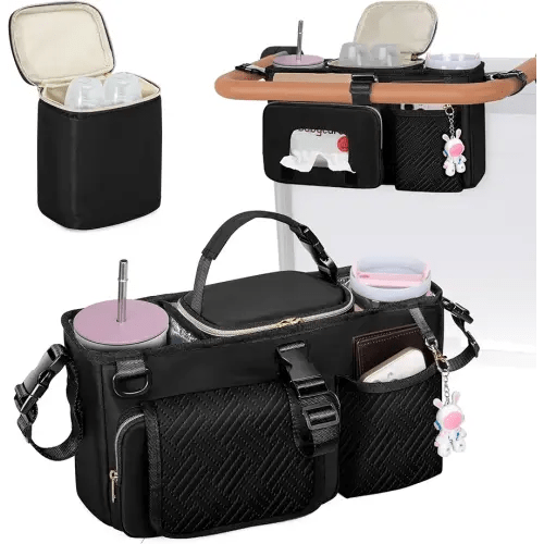 Parent Console Stroller Organizer Compatible with WONDERFOLD W2&W4&X, Wagon Stroller Caddy with 2 Insulated Cup Holders, A Removable Cooler Bag, Black (Empty Bag)