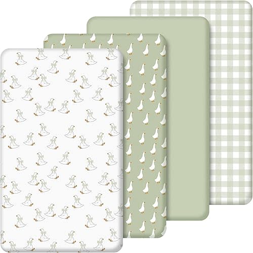 4 Pack Silly Goose Crib Fitted Sheet for Boys Girls - 52" x 28" Fitted Baby Sheet with Goose and Gingham Style for Standard Mattress Gift Set, Microfiber & Soft Breathable (Green)