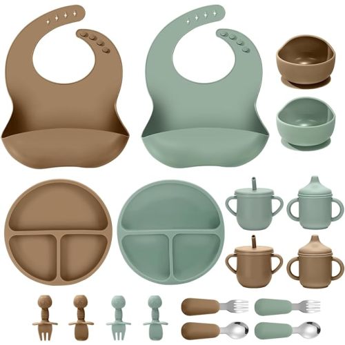 Silicone Baby Feeding Set, 18PCS Baby Led Weaning Supplies, Eating Essentials Utensils with Suction Plate and Bowl, Adjustable Silicone Bib, for 6+ Months (Blue+Beige)