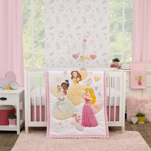 Disney Make A Wish Multi Princess Pink and White Belle, Tiana, and Aurora 3 Piece Nursery Crib Bedding Set - Comforter, Fitted Crib Sheet, and Crib Skirt