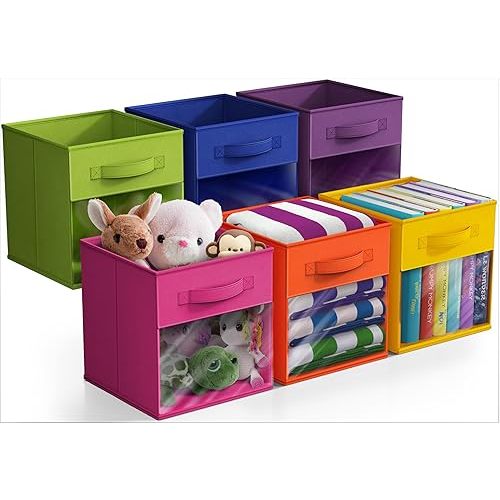 Sorbus 11 Inch Storage Bins with Clear Window - 6 Foldable Baskets for Organizing Clothes, Toys, Books - Sturdy Collapsible Fabric Storage Cubes with Handle - Storage Baskets for Shelves, Closets