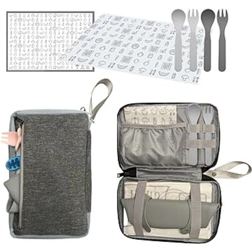 THEO'S Baby Led Weaning Supplies 12 Piece Clutch - Mealtime Essentials With 4 Disposable Splat Mats For Under High Chair, 3 Eco-Friendly Stick On Placemats, 2 Sets Ergonomic Plant Based Spoons & Forks