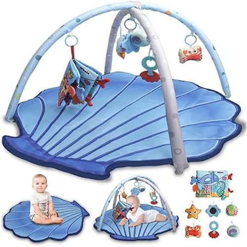 Baby Gym Play Mat for Babies 0-6 Months Infant Tummy Time Mat Activity Gym, Blue Shell Baby Gyms & Playmats Newborn Brain Sensory Development 6-12 Months, Baby Gifts