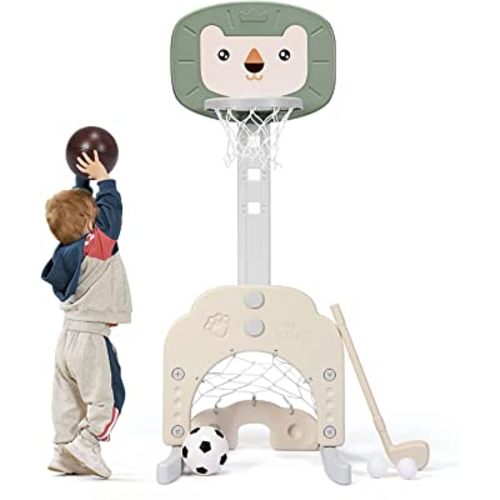 AKUSTIK 3 in 1 Toddlers Basketball Hoop Stand, Adjustable Height Sports Center with Basketball Soccer Golf Game Set, Portable Indoor Outdoor Activity Playset Gift for Kids 1-3
