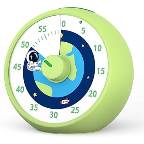 Visual Timer for Kids, 60-Minute Countdown Timer for Classroom, Desk Timer Kid Time Management Tools with Silent Operation, Pomodoro Timer Astronaut Space Pattern Green