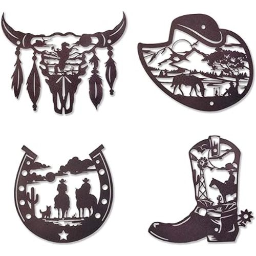Ecqizer Western Wall Decor Set of 4 – Rustic Brown Metal Cowboy Wall Art with Horseshoe, Boot & Skull | Country Western Decor for Home, Bedroom, Living Room & Bathroom (A)