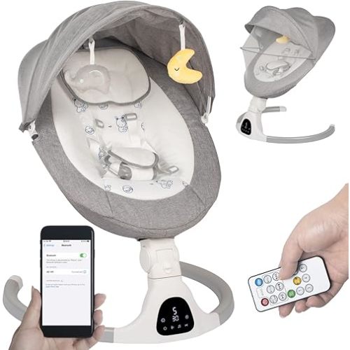 Baby Swing for Infants to Toddler Portable Babies Swing Timing Function 5 Swing Speeds Bluetooth Touch Screen Music Speaker with 10 Preset Lullabies 5-Point Carabiner (Light Grey)