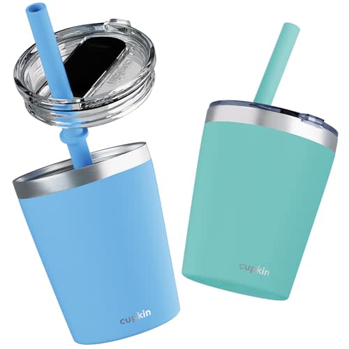 CUPKIN Toddler Cups with Straws, The Original 8 oz Stackable Stainless Steel Baby Straw Cup, Set of 2 Kids Cups, Powder Coated Insulated Kids Tumblers, No BPA Lids + Silicone Straws (Blue + Green)