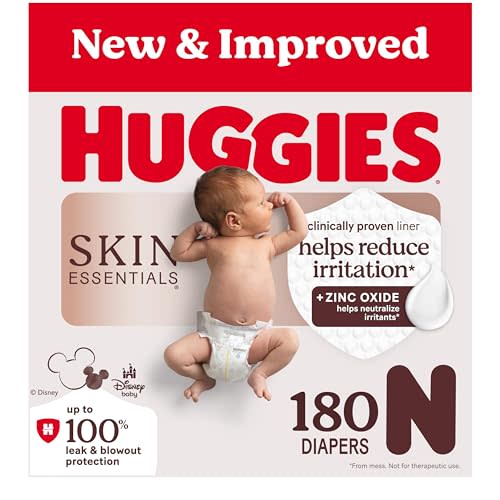 Huggies Size Newborn Diapers, Skin Essentials Baby Diapers, Size Newborn (6-9 lbs), 180 Count (3 Packs of 60), Packaging May Vary