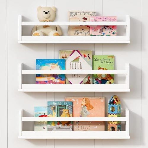 Upgraded White Floating Wall Bookshelf for Kids Room, Kids Bookshelf Wall Mounted with Hanging Rod for Baby Children Bedroom, Large Wall Bookshelves Nursery Book Shelves - 24 Inch Wide