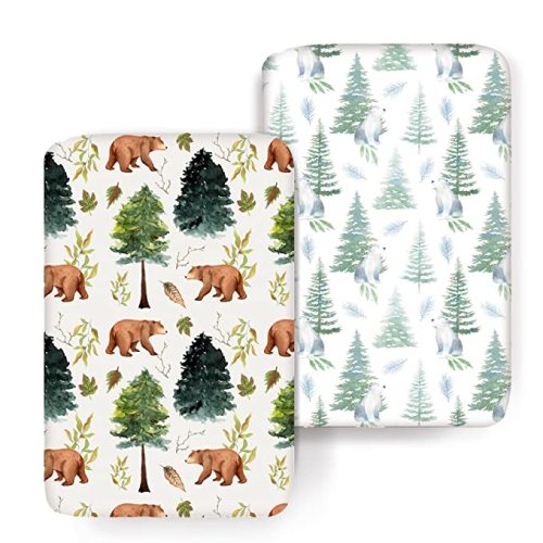 ACRABROS Pack and Play Sheets, Mini Crib Sheets for Boys Girls,Snug Fitted Playard Sheet Bedding Mattress Protector,2 Pack,Bears &Forest