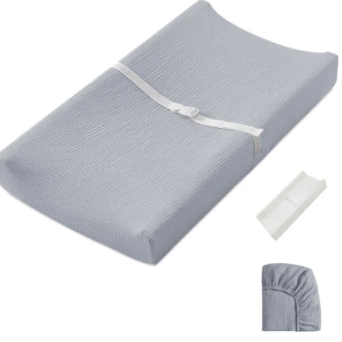 Blissful Diary Muslin Baby Changing Pad with Waterproof Lining Foam, Diaper Changing Table Pad with Cover for Dressers (Gray, Rectangular)