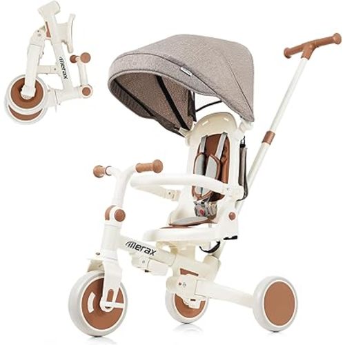 Merax 7-in-1 Foldable Toddler Tricycle Removable Pedal, Canopy and Guardrail Adjustable Push Handle