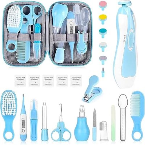 Baby Grooming Kit, Infant Safety Care Set with Hair Brush Comb Nail Clipper Nasal Aspirator,Baby Essentials Kit for Newborn Girls Boys (Blue-25 in 1)