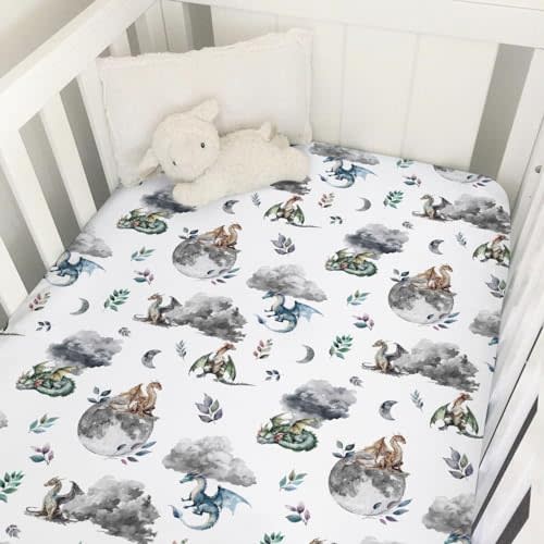 Watercolor Dragons Fairytale Baby Crib Sheets - 52''x28'' Dragon Wings Leaves Moon Clouds Stretchy Fitted Mattress Cover for Boy & Girl - Soft Nursery Bed Sheets for Standard & Toddler Mattress