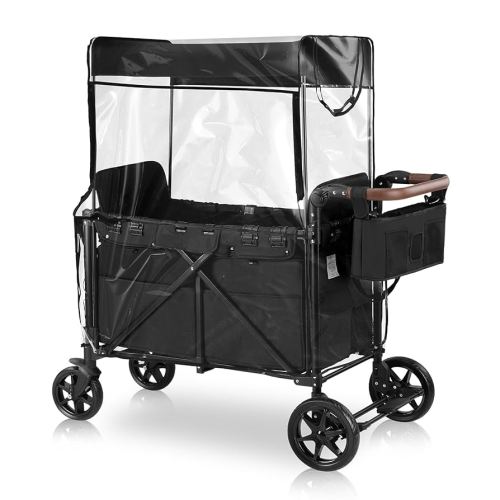 EASYEGO Wagon Stroller for 2 Kids with Rain Cover – Foldable Wagons with Elevated Seats & 5-Point Harnesses, Easy-Access Zipper Door, Adjustable Canopy, Storage Bag & Snack Plate