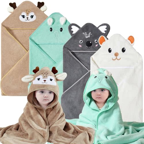Hushlibaby Hooded Baby Towels 4Pack Unisex Hooded Towels Super Soft Absorbent Baby Boys Girls 31.5x31.5 Inch Unique Animal Design Towels Set Gift for Newborn Infant Toddler Essentials