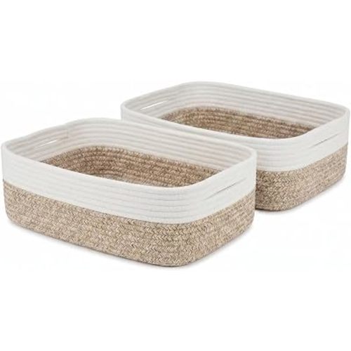 Large Shallow Basket, Storage Baskets for Organizing 2 Pack, 15"x11"x5.1", Rope Basket for Shelves, Living Room, Nursery, Bedroom, Gift Basket, White & Mixed Brown