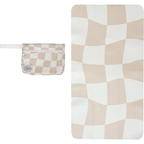 Vegan Leather Changing Mat with Reusable Waterproof Wet Bag - Non-Toxic, Portable Diaper Pad That Folds and Wipes Clean (16 x 30 Inches) (Checkered)
