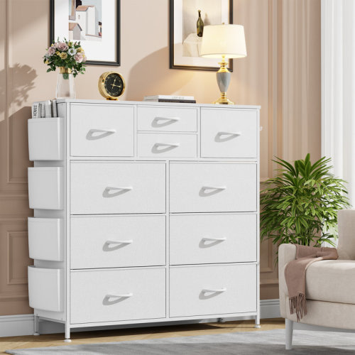 17 Stories Sienna-Marie 10-Drawer Dresser for Bedroom with Side Pockets & Hooks, Wide Chest of Drawers with Fabric Bins & Metal Frame, Storage Organizer for Closet, Living Room, Dorm, Rustic Wood Top & Reviews | Wayfair