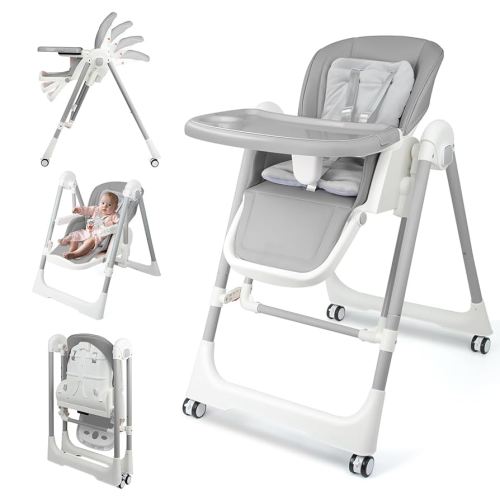 High Chairs for Babies and Toddlers Foldable High Chair Adjustable with Reclining Seat & Leg Rest, 3-in-1 Convertible Baby Swings with Tool-Free Assembly (Grey)