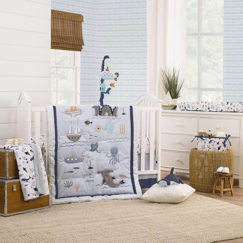 NoJo Explore Dream Discover Light Blue, Navy, Gray and Coral Ocean 4 Piece Nursery Crib Bedding Set - Comforter, 100% Cotton Fitted Crib Sheet, Crib Skirt and Nursery Organizer