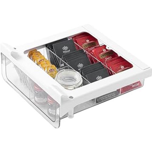 vacane Under Shelf Pull Out Drawer with Removable Divider, Tea Bag Organizer Cupboard Drawer Under Cabinet Drawer Hanging Storage Baskets, Plastic Storage Organizer for Closet Kitchen Pantry