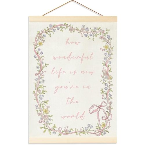 Pink Bow Nursery Decoration,Boho Floral Wall Art For Girls Room Decor, Excellent Room Decor For Kids, Toddler, Playroom, Bedrooms, How Wonderful Life Is Now You're In The World Hanging Flag Banner
