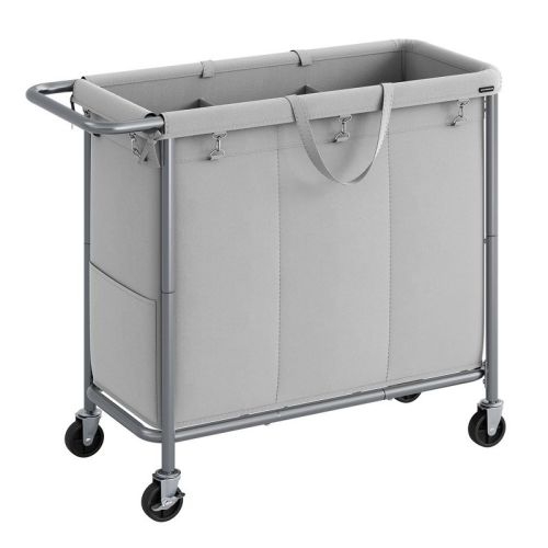 Laundry Basket with Wheels, 2-Section Rolling Laundry Hamper, Removable Liner, Steel Frame with Handle, Blanket Storage, Dove Grey