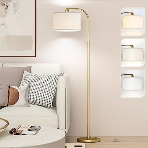 Arc Floor Lamps for Living Room with 3 Color Temperatures, Modern Floor Lamp Reading Light with 9W Bulb Included, Standing Lamp with Adjustable White Hanging Lampshade for Bedroom Office(Gold)