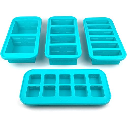 Souper Cubes Gift Set, 1-Cup 2-Cup 1/2 Cup and 2 Tablespoon Trays With Lids, Aqua Color