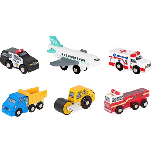 Battat – Miniature Toy Cars – 6 Pieces Wooden Minis – Classic Rescue & Construction Vehicles – Steamroller, Dump Truck – 3+ Years– Wooden Vehicles Set 2