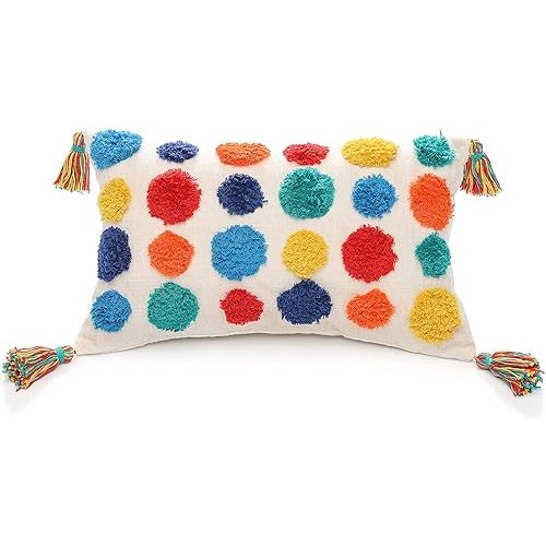PLWORLD Boho Colorful Lumbar Throw Pillow Cover 12x20 Inch with Tassels, Pom Pom Tufted Cream Chenille Fabric Small Accent Textured Cushion Case for Bed Couch, 1 PC Cover Only No Insert