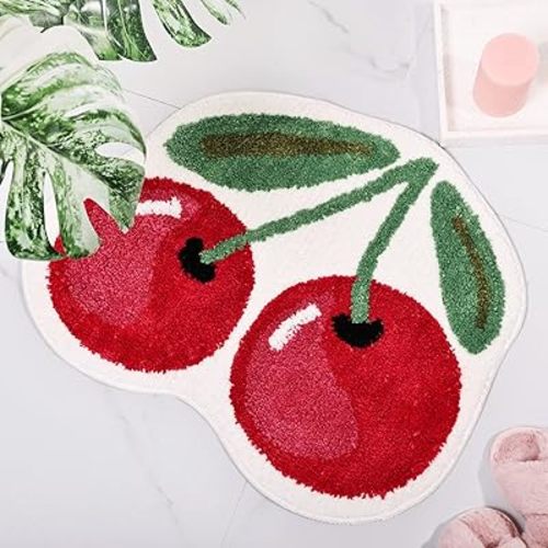 FROZZUR Cherry Bath Mat Cute Bathroom Rugs for Living Room and Bedroom, Luxury Funky Bathroom Mats Non Slip Fruit Shaped Absorbent Bathtub Cool Washable Rug Plush Shower Rugs