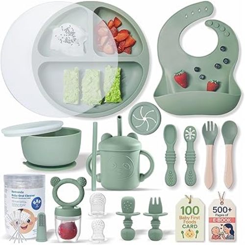 Remonda 23-Piece BPA-Free Silicone Baby Feeding Set | Extra Large Suction Plates, Toddler Bowls, Self Feeding Spoons, and More | Dishwasher Safe| Baby Led Weaning Supplies(Green)